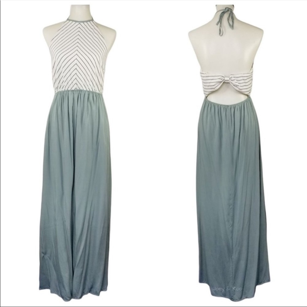 Hem & Thread Women's Medium Sage Green Striped Halter Open Back Maxi Dress NWT